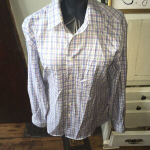 Egara blue and pink plaid business casual L button down shirt